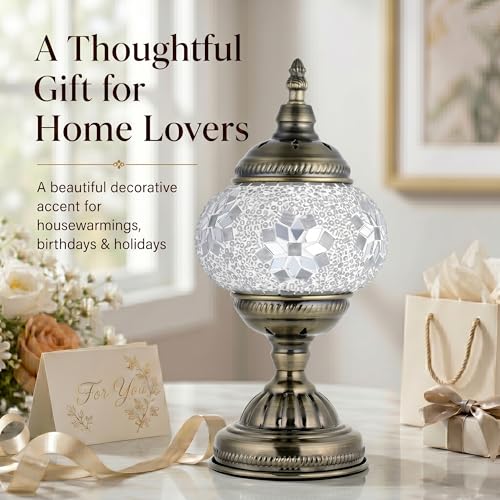 Turkish Moroccan Table Lamp Lantern with Handmade Mosaic Glass Lampshade Tiffany Style Bohemian Stained Glass Decorative Desk Lamps Bedside Night Lights for Bedroom