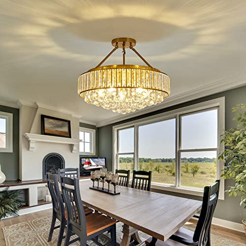 6 Light Modern Large Crystal Chandelier Gold Metal E26 Semi Flush Mount Round Ceiling Light Fixture Ceiling Lamp Farmhouse for Dining Room Living Room Laundry Room Foyer Kitchen Bedroom