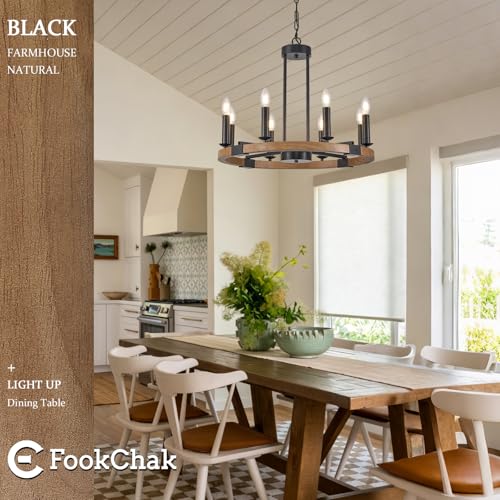 Farmhouse Oak Wood Wagon Wheel Chandelier 8 Light Round Wood Light Fixture