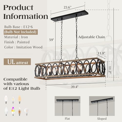 L39.4 Rustic Farmhouse Rectangle Chandelier for Dining Room Kitchen Island Lights Cage Pendant Light Fixture Black and Brown Metal Hanging Lighting Retro Vintage Linear Chandeliers 6