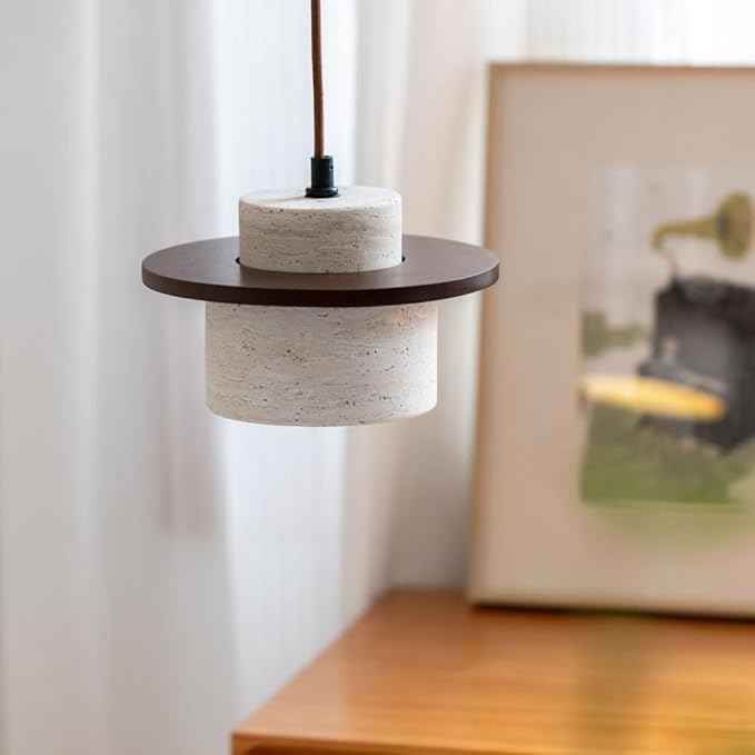 Travertine Pendant Light, Stone Cylinder Hanging Lamp with Wood Disc Accent, E26 Base, Wabi-Sabi Modern Minimalist Japandi Style Lighting for Bedside, Kitchen Island, Bar Counter(Wood Color)