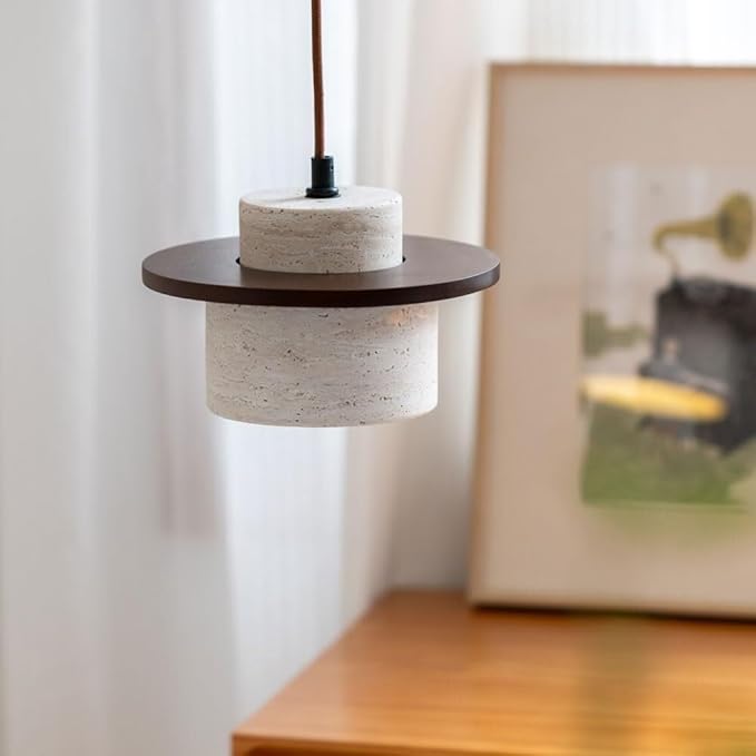 Travertine Pendant Light, Stone Cylinder Hanging Lamp with Wood Disc Accent, E26 Base, Wabi-Sabi Modern Minimalist Japandi Style Lighting for Bedside, Kitchen Island, Bar Counter(Walnut Color)