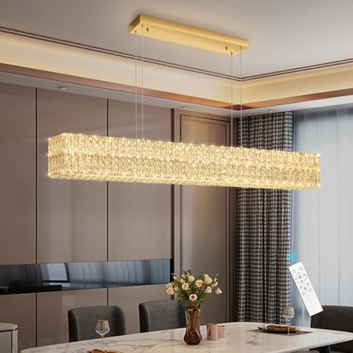 Rectangular Crystal Chandelier with Dimmable LED Lights Dining Room Remote Ceiling Pendants Lighting Fixtures for Kitchen Island Gold