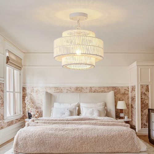 12.4" Large Boho Rattan Farmhouse Chandeliers for Dining Room
