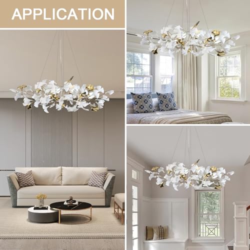 Branch Chandelier Modern Gold Ceramic Ginkgo Leaf Chandeliers L47 Inch Brass Rectangle Chandelier Large Luxury Hanging Lights Fixture for Living Room Dining Room