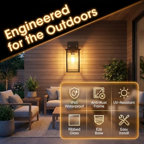 2-Pack 13-Inch Matte Black Outdoor Wall Light, All-Metal Frame