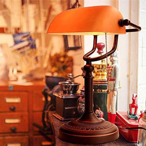 Matted Orange Glass Bankers Desk Lamp with Pull Chain Switch Plug in Fixture