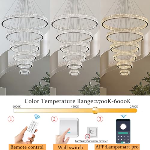 Extra Large 6 Ring Crystal Chandelier Modern LED Long Crystal Chandelier for High Ceiling Height Adjustable Black D8+15.7"+23.6"+31.5"+39.4"+47.5" Dimmable 2700K