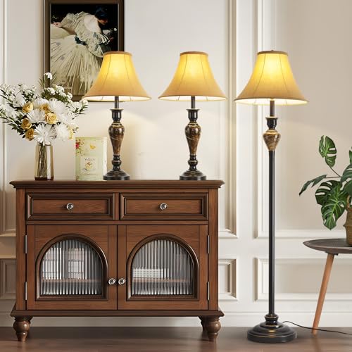Living Room Vintage Table and Floor Lamp Set of 3 with Brown Shade (3 Count)