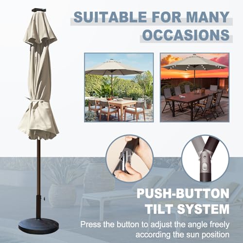USA 10-Year-Non-Fading 10ft Market Patio Umbrella, Commercial Grade Table Sun Umbrella with 80 Solar LED Lights, Crank Open, Windproof & UPF 50+ UV Protection for Garden, Deck, Pool, Backyard, Antique Beige