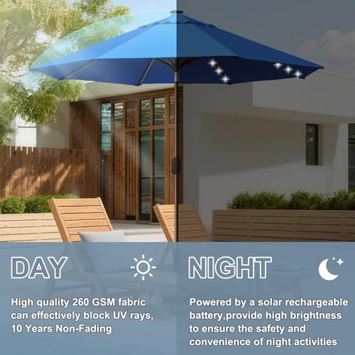USA 10-Year-Non-Fading 10ft Market Patio Umbrella, Commercial Grade Table Sun Umbrella with 80 Solar LED Lights, Crank Open, Windproof & UPF 50+ UV Protection for Garden, Deck, Pool, Backyard, Royal Blue