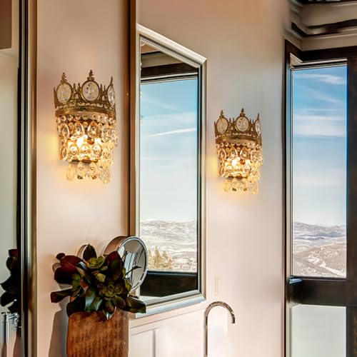 Glam Crystal Wall Sconces Gold Wall Light Empire Luxury Vanity Lighting for Bedroom Living Room Dining Room Wall Lighting Fixtures Set of 2 (2 Count)