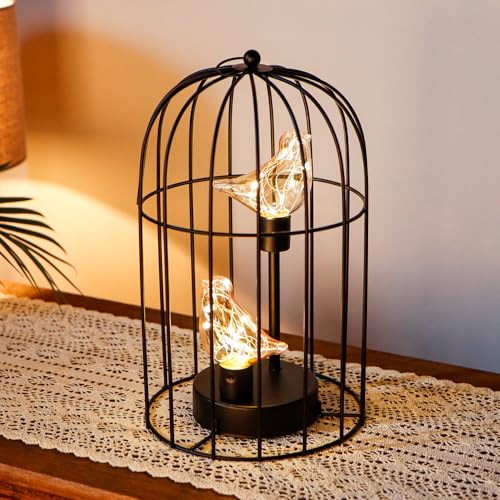Birdcage Decorative Lamp Battery Operated 12" H Cordless Table Lamp with Warm White Fairy Lights Bird Bulb for Indoor Bedroom Living Room Home Wedding Xmas