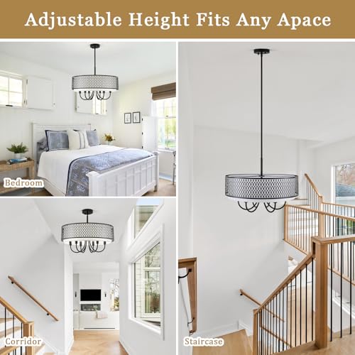 21.65" 6 Lights Large Black Chandelier with Drum White Shades