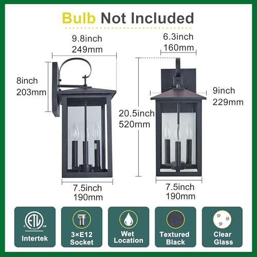 3 Light 9 inches Wide 20.5 inches High Large Wall Lantern Light with Textured Black Finish and Clear Glass New Traditional Outdoor Wall Lights for a Porch