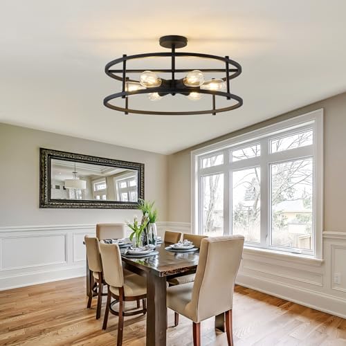 Large Semi Flush Mount Ceiling Light Fixture Black Cage Ceiling Light 6 Light Chandelier for Kitchen Dining Room Entryway Living Room Bedroom Foyer