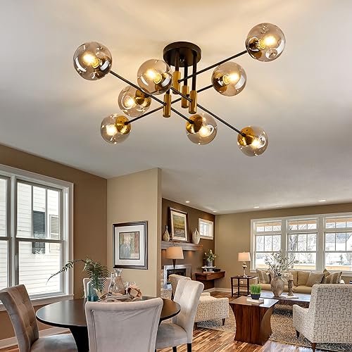 8 Light Glass Globe Ceiling Light Black and Gold Mid Century Flush Mount Sputnik Light Fixture Bubble Chandelier Living Room Farmhouse for Dining Room Kitchen Bedroom