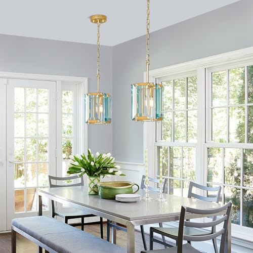 Gold Modern Crystal Chandeliers Rectangle Farmhouse Pendant Light Semi Flush Mount Ceiling Light Fixture for Bedroom Dining Room Kitchen Island Living Room Foyer Hallway
