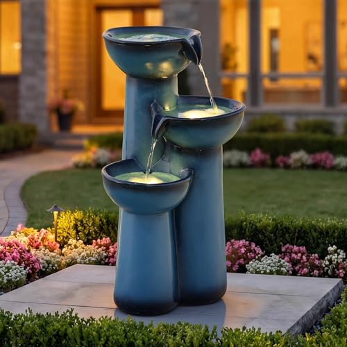 27" Faux Ceramic Outdoor Water Fountain with LED Lights
