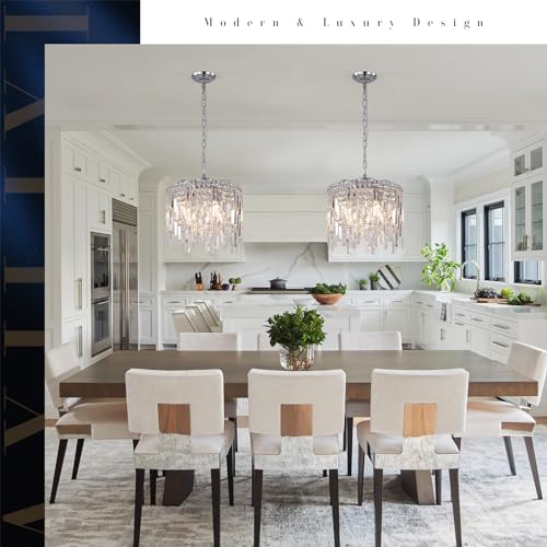 Chrome Crystal Chandelier Small Crystal Pendant Light Fixture 16" Raindrop Flush Mount Hanging Chandelier with Adjustable Chain K9 Crystals 2 Tiers for Kitchen Island Dining Room Bedroom Hallway