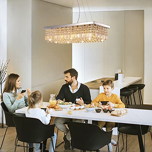Rectangle K9 Crystal Chandelier Modern Rectangular Pendant Light Fixture for Dining Room Kitchen Island Chrome L40 x W10 x H10