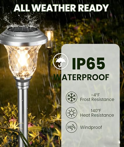 4 Pack Solar Pathway Lights White+ Color Changing Stainless Steel 3 Mode Outdoor Multicolor Metal Solar Powered Waterproof Glass for Garden Landscape Path Yard Walkway Driveway Silver