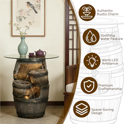 Rustic Barrel Outdoor Water Fountain with Glass Tabletop
