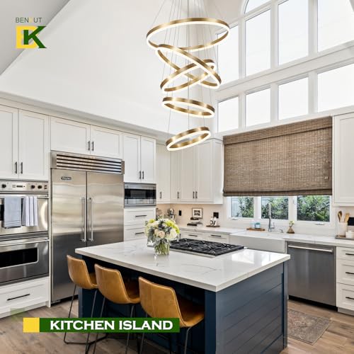 5 Rings Modern LED Chandelier Gold High Ceiling Chandelier with Remote Control Dimmable Pendant Lighting for Dining Room Foyer Living Room Entryway Staircase
