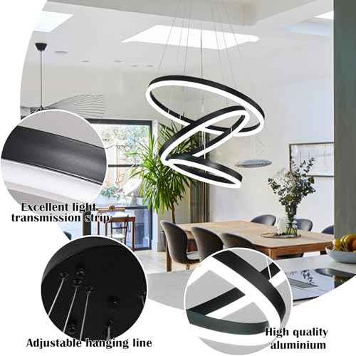 Modern Led Chandelier 3 Rings Black Pendant Lights Dimmable Chandeliers Color Temperature Height Adjustable Black Chandelier Led Pendant Light for Living Room Dining Room Bedroom Entryway