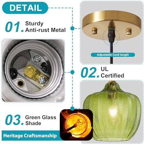 Green Glass Pendant Lights Kitchen Island Gold Hanging Ceiling Light 9.45"