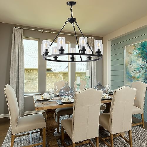 Black Large Wagon Wheel Chandelier 32 Inch Modern Farmhouse Glass Pendant Light 12