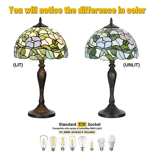 TL0005 Tiffany Table Lamp Bedside Stained Glass Lamp Spring Floral Design Reading Desk Light 12X21.5 Inches for Bedroom Living Room Home Office