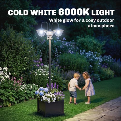 74.5" 3 Head Solar Lamp Post Light Outdoor with Planter