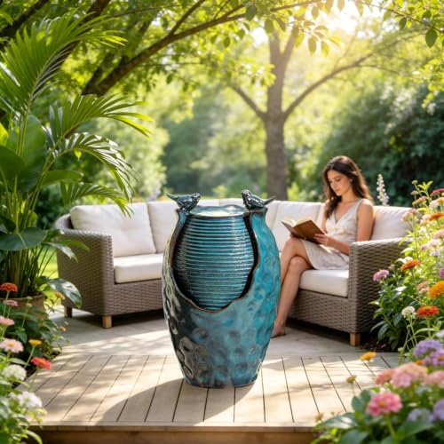 Autodaya 25" H Jar Ceramic Outdoor Water Fountain with LED Lights and Birds