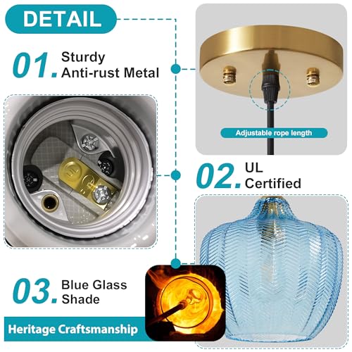Blue Glass Pendant Lights Kitchen Island Gold Hanging Ceiling Light 9.45"