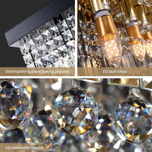 Rectangle K9 Crystal Chandelier Modern Rectangular Pendant Lighting Fixture for Dining Room Kitchen Island Bedroom Black L40 x W10 x H10