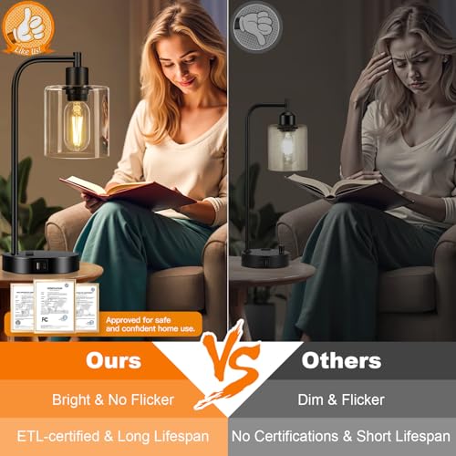 Set of 2 Industrial Touch Control Table Lamps with USB C+A Ports and AC Outlet (2 Count)