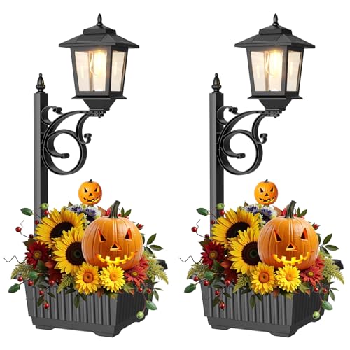2 Pack 2-in-1 Outdoor Flower Pots, Solar Post Lamps Waterproof, Solar Lamp Post Lights, Wall Mount or Freestanding, Outdoor Decorative Lamp for Garden, Patio, Front Porch, Back Door, Warm White