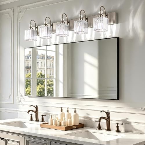 Brushed Nickel Bathroom Vanity Light Crystal Modern 5 Light Bathroom Wall Lighting Fixtures Over Mirror