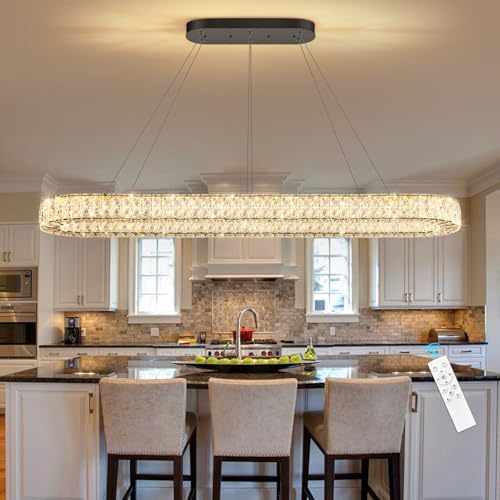 Modern Oval Crystal Chandelier for Dining Room Rectangular Ceiling Light Fixture Dimmable LED Chandeleirs for Living Room Kitchen Island Black