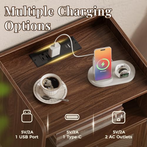 Nightstand with Charging Station & Rattan