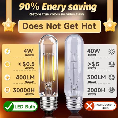 T10 LED Bulb Dimmable Tubular Light Bulb E26 4W Equal 40 Watt Long Edison Light Bulbs 2700K Warm White for Chandelier Industrial Wall Sconces Curio Cabinet Piano Light Desk Lamp 400LM (2 Count)