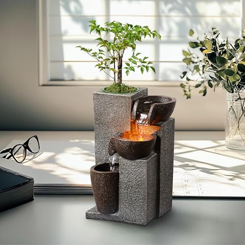 Resin Tabletop Waterfall Fountain with LED Light & Plant Pot