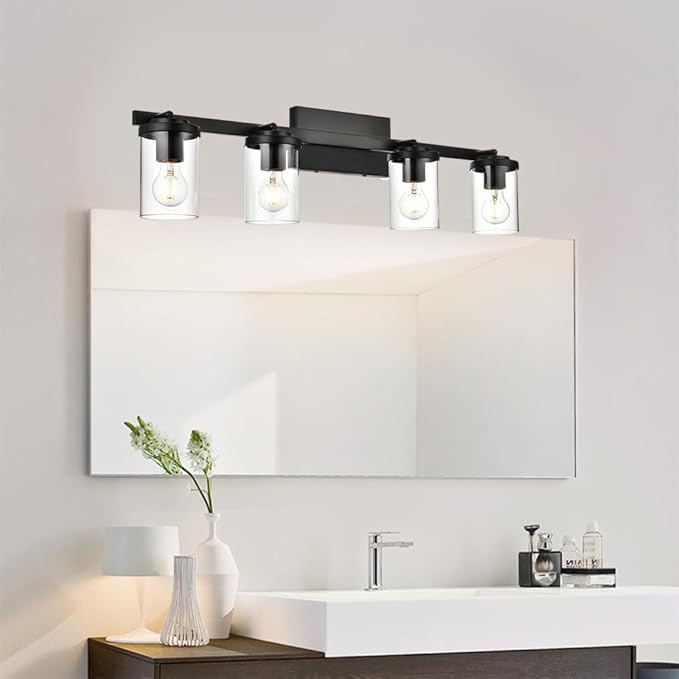 BONLICHT Ceiling Spotlights Track Lighting Kit 4 Light Bathroom Vanity Lighting Black Modern Multi-Directional Ceiling Mount Fixture Industrial Farmhouse Sconces Wall Mount Lamp with Clear Glass Shade - Aura Lighting