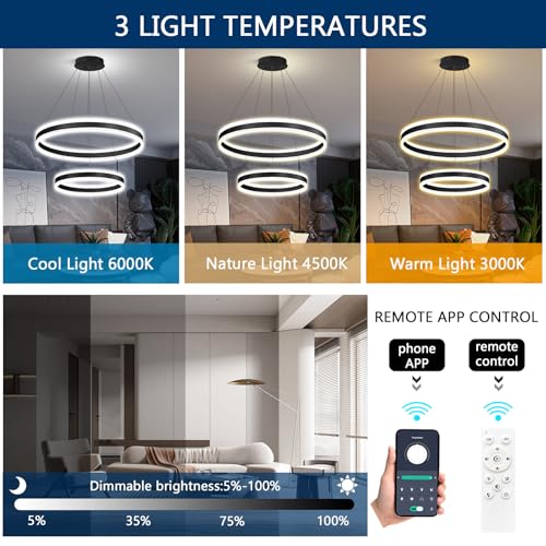 D15.7''+23.6'' Modern Ring Chandelier for Dining Room LED Dimmable Pendant Lighting Chandelier for Living Room Foyer Bedroom Entryway 3000K