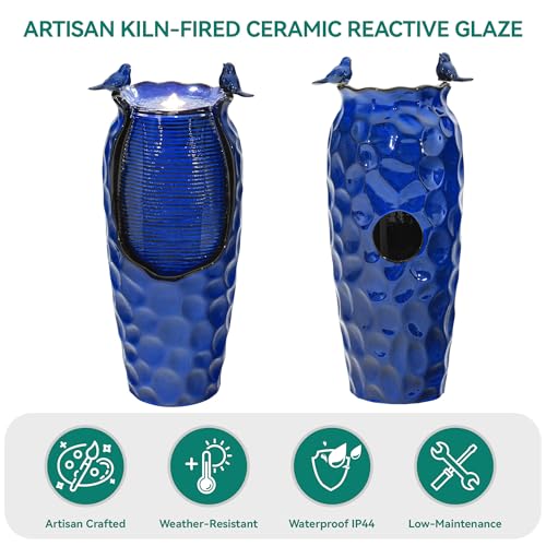 Autodaya 33" Vase Ceramic Outdoor Water Fountain with Lights and Birds