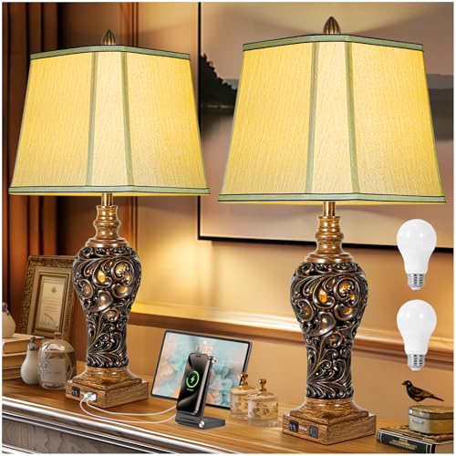 32'' Tall Rustic Vintage Table Lamps Set of 2 with Night Lights (2 Count)
