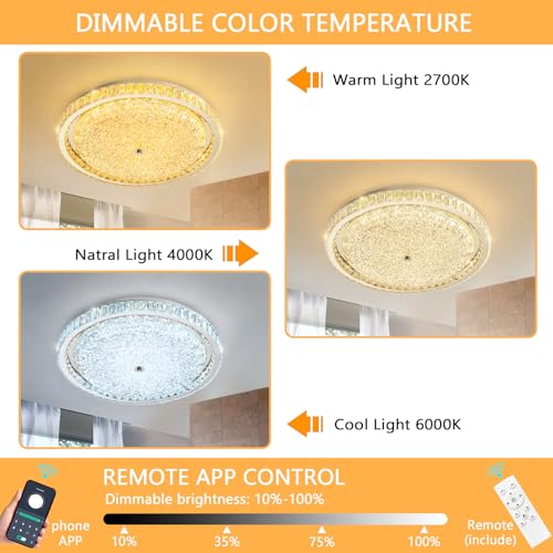 24" Modern Crystal Chandelier Dimmable LED Flush Mount Ceiling Light with Remote Control for Bedroom Hallway Dining Room Silver