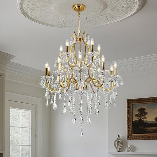Antique French Country Gold Crystal Chandelier 2 Layers 15 Lights Dia31.5 Maria Theresa Light Fixture for Dining Room