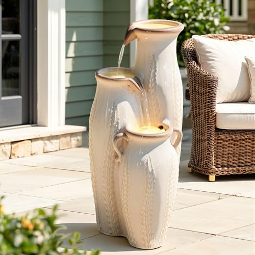 30" Ceramic Vase Water Fountain Outdoor with LED Lights